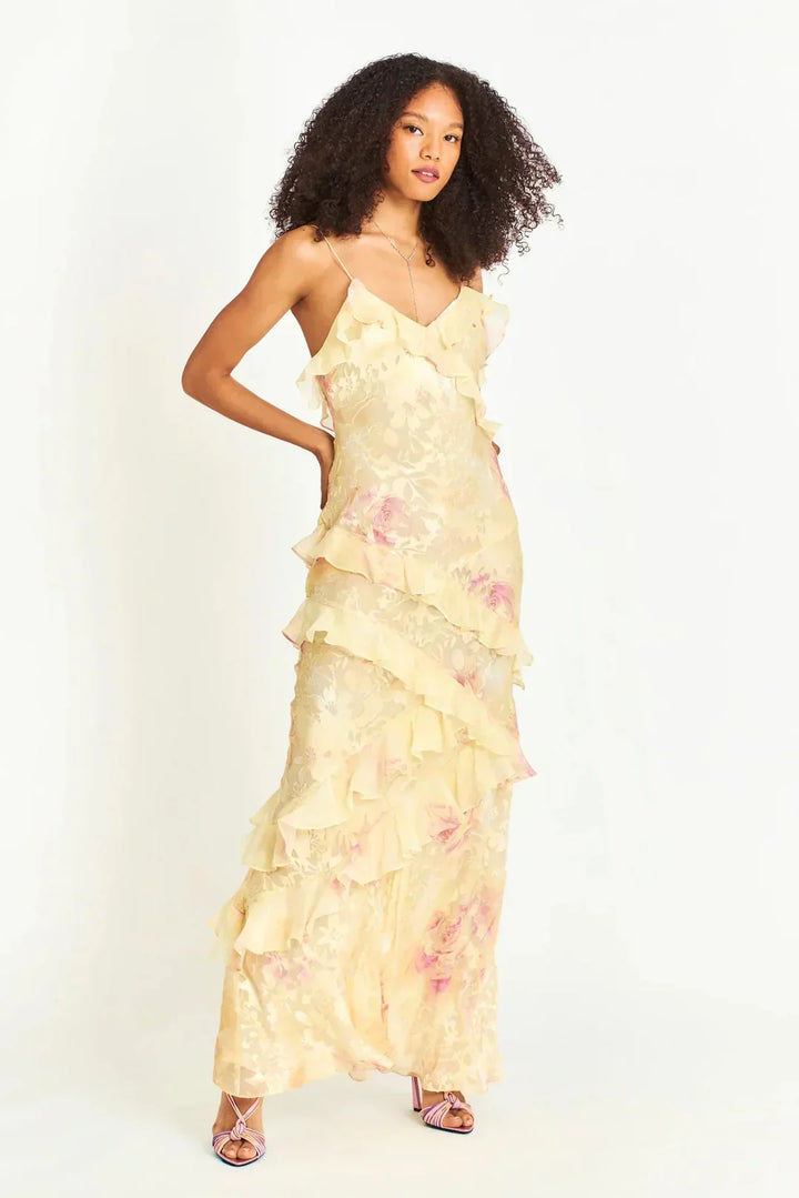 Flowy women's pastel ruffle maxi dress. An elegant summer evening gown, ideal for special occasion parties.