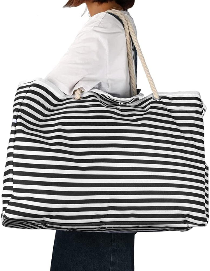 Women's extra large waterproof striped beach tote with bonus travel case. Perfect for vacation.