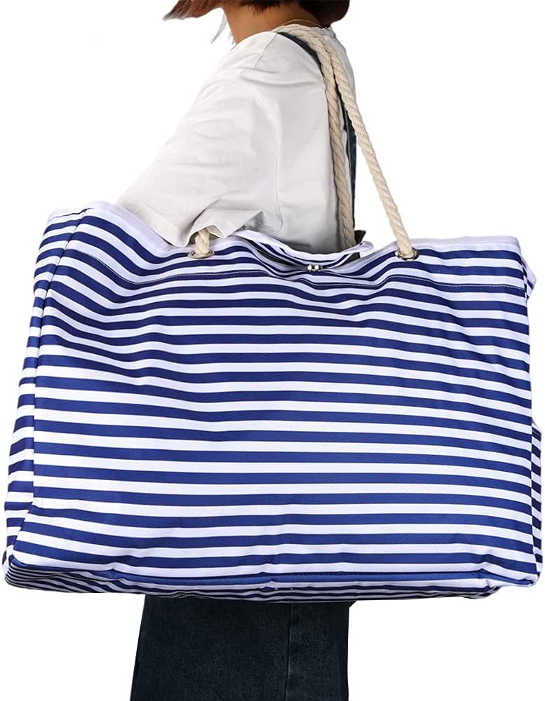 Extra large capacity women's waterproof beach tote with striped pattern. Perfect travel bag + bonus pouch.
