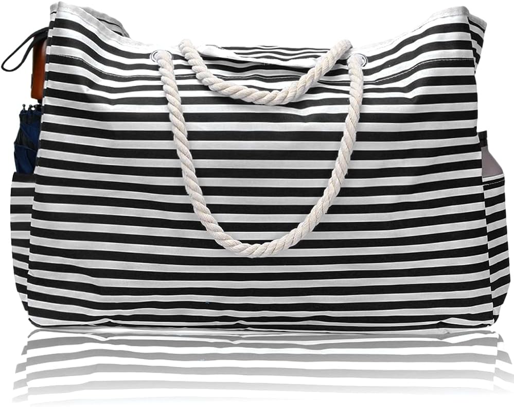 Women's extra large waterproof striped beach tote bag with bonus pouch. Vacation essential.