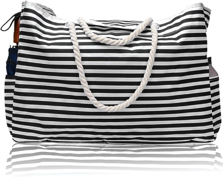 Women's extra large waterproof striped beach tote bag with bonus pouch. Vacation essential.