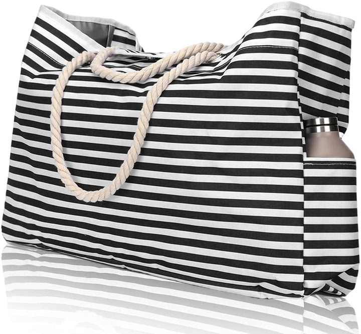 Women's 2-piece set: Extra large waterproof striped beach tote & matching bonus travel case. CoastCarry.