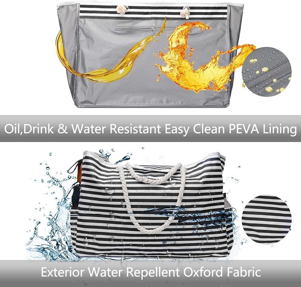 CoastCarry extra large waterproof beach tote for women. Striped, shoulder bag design with bonus travel pouch.