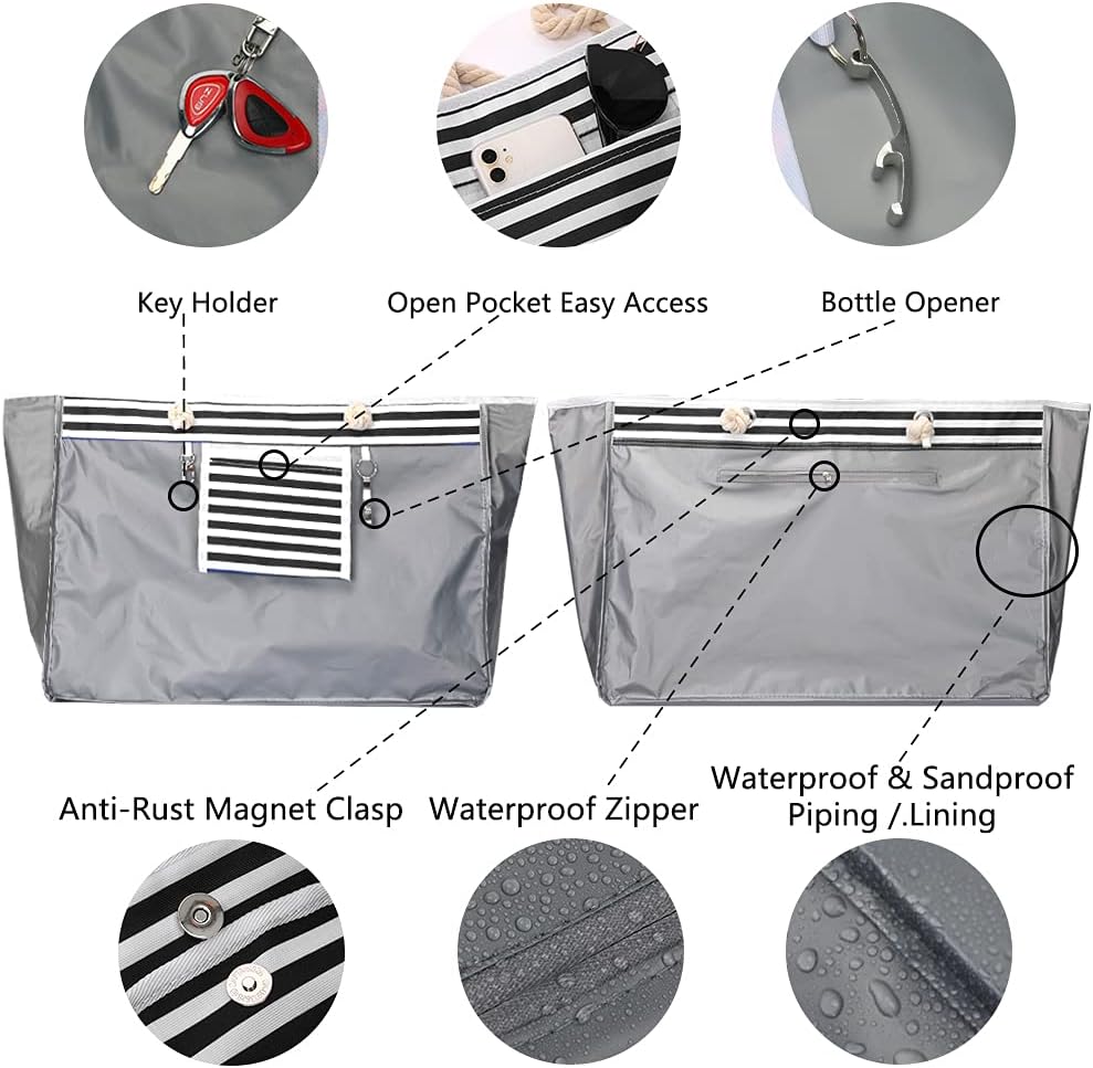 Spacious waterproof beach tote for women, extra large capacity. Includes a bonus pouch for essentials.