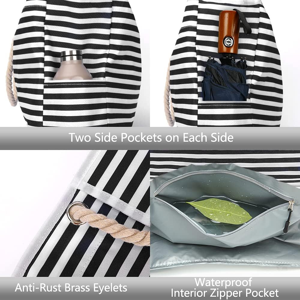 Waterproof beach tote, women's extra large. Striped design, great for wet swimwear & towels. Bonus pouch.