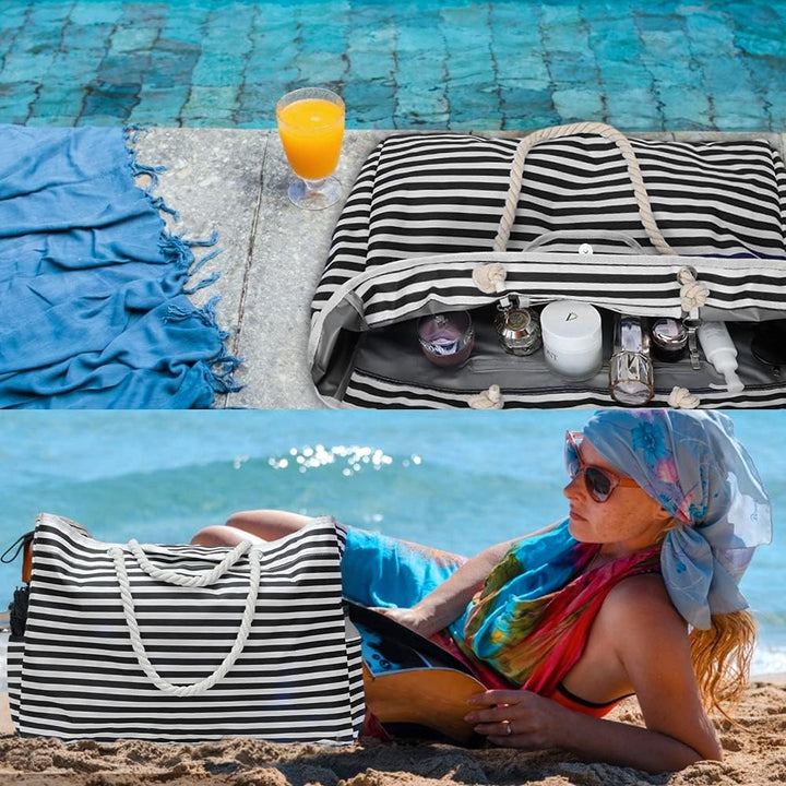 Women's striped beach tote, extra large & waterproof. Ideal vacation accessory with bonus travel case.