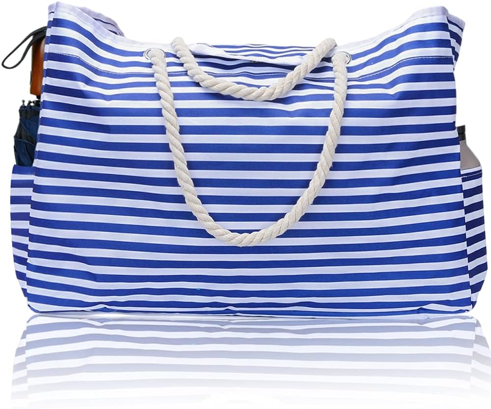 Stylish striped extra large waterproof beach tote for women. Shoulder bag design with bonus travel pouch.
