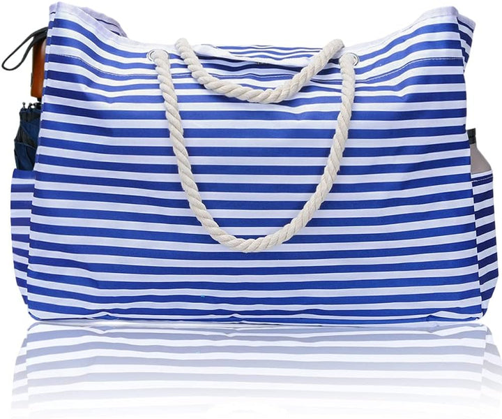 Stylish striped extra large waterproof beach tote for women. Shoulder bag design with bonus travel pouch.