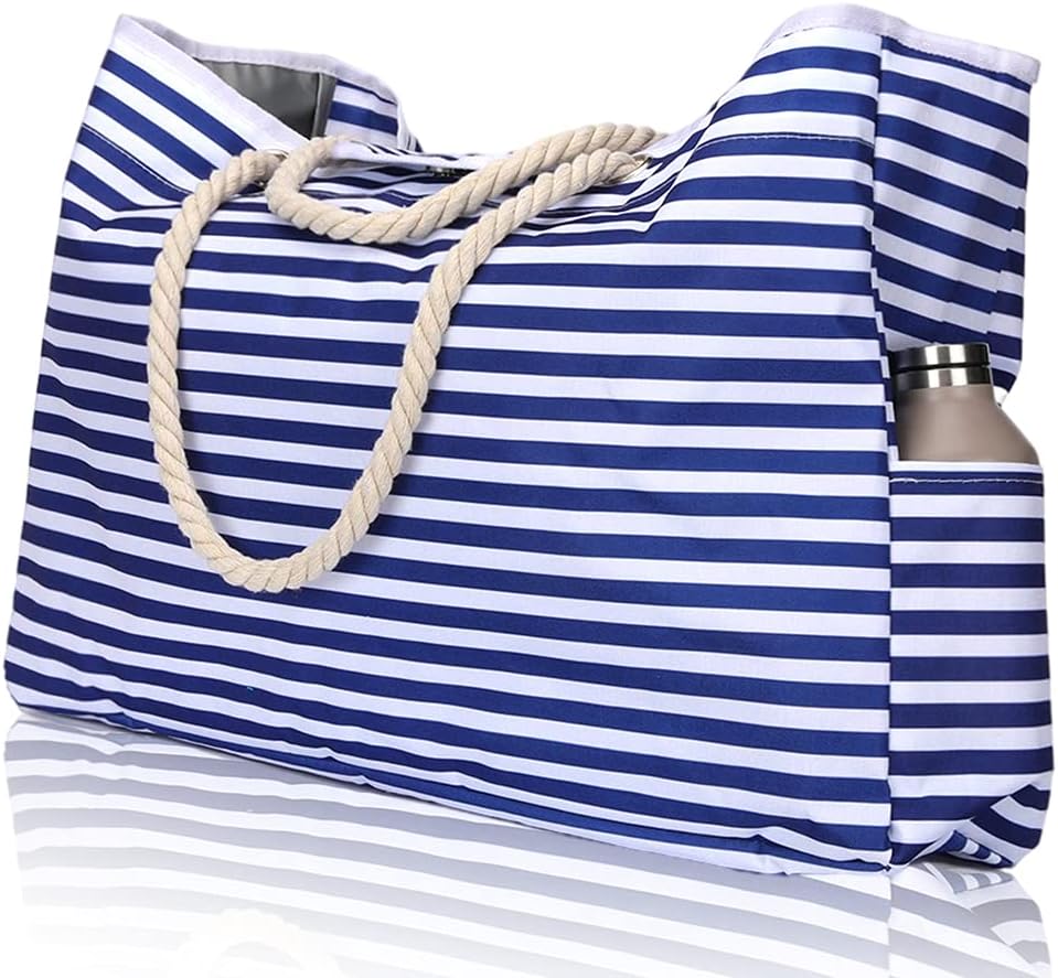 1+1 FREE offer: Women's extra large waterproof striped beach tote & bonus travel case.