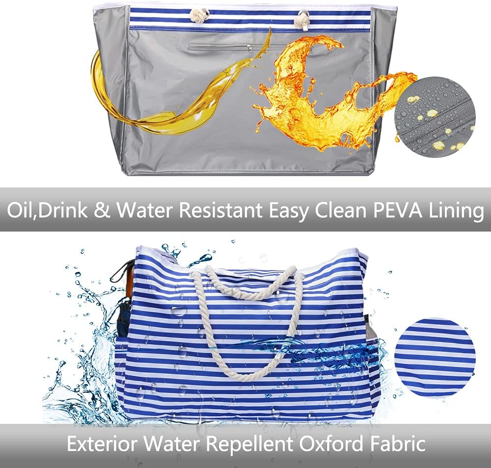 Durable, extra large waterproof striped beach tote for women. Shoulder straps & bonus pouch. CoastCarry.