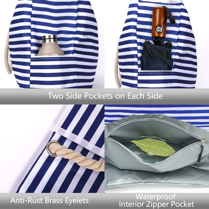 Convenient waterproof extra large beach tote for women. Striped design, includes bonus pouch for organization.