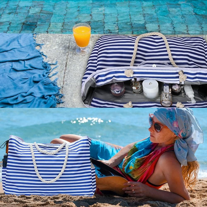 Heavy-duty waterproof extra large beach tote for women. Striped, with bonus travel pouch.