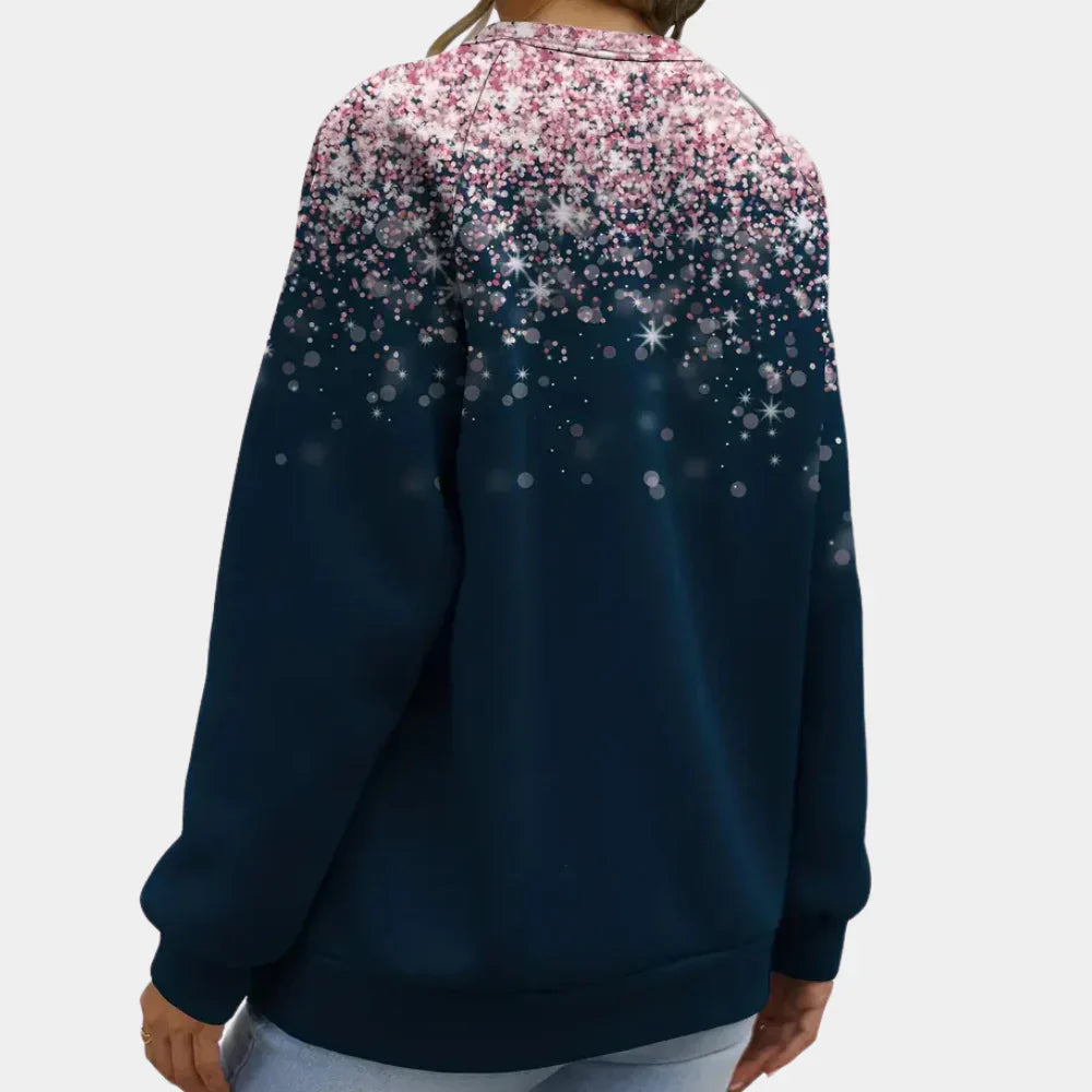 Elegant snowflake pattern on a women's festive sweater, warm winter clothing, great for holiday events.