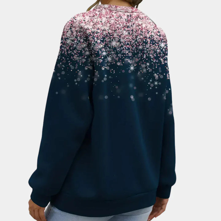 Elegant snowflake pattern on a women's festive sweater, warm winter clothing, great for holiday events.