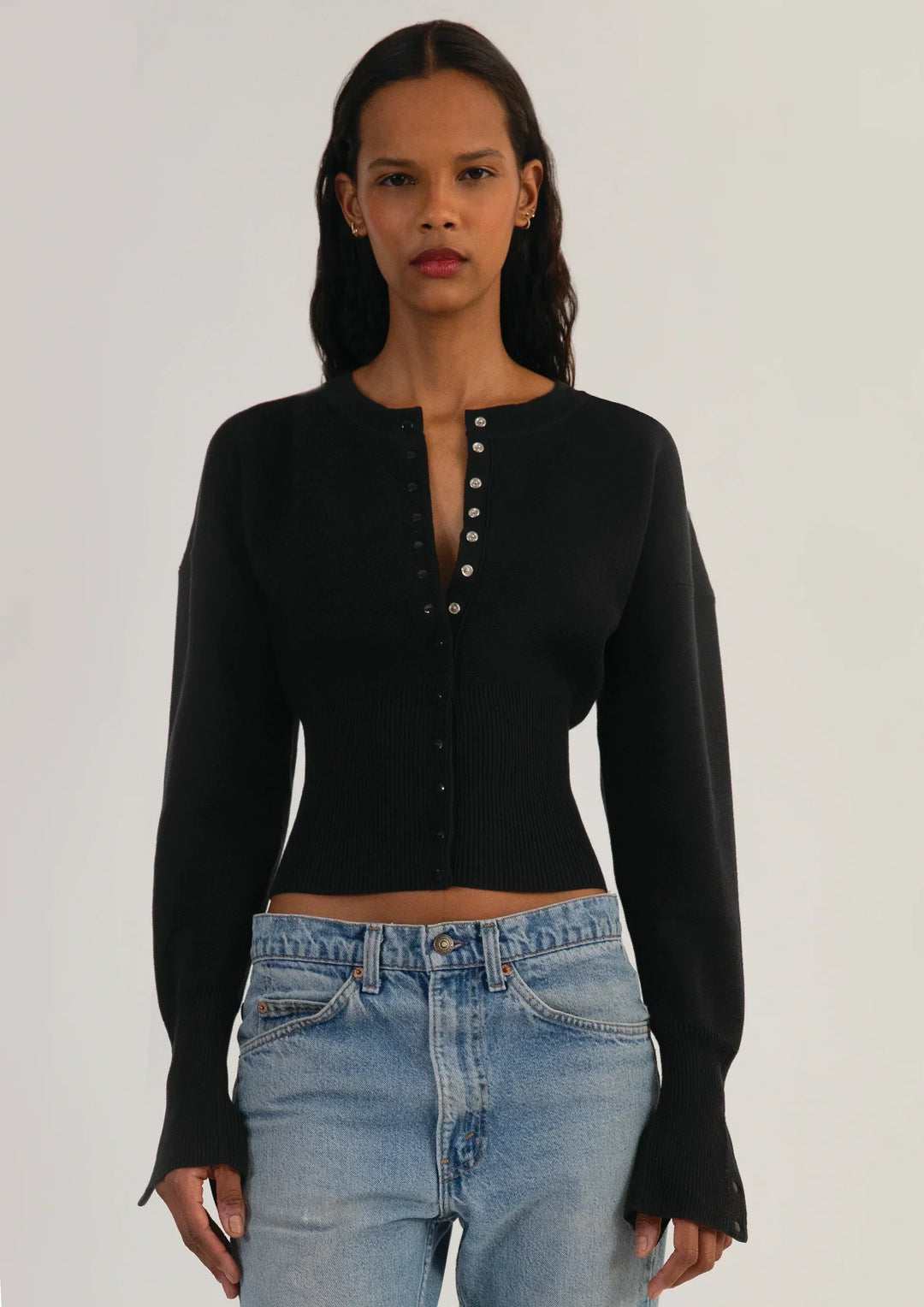 Slim fit women's long sleeve cropped cardigan, classic button-up design, perfect for layering.