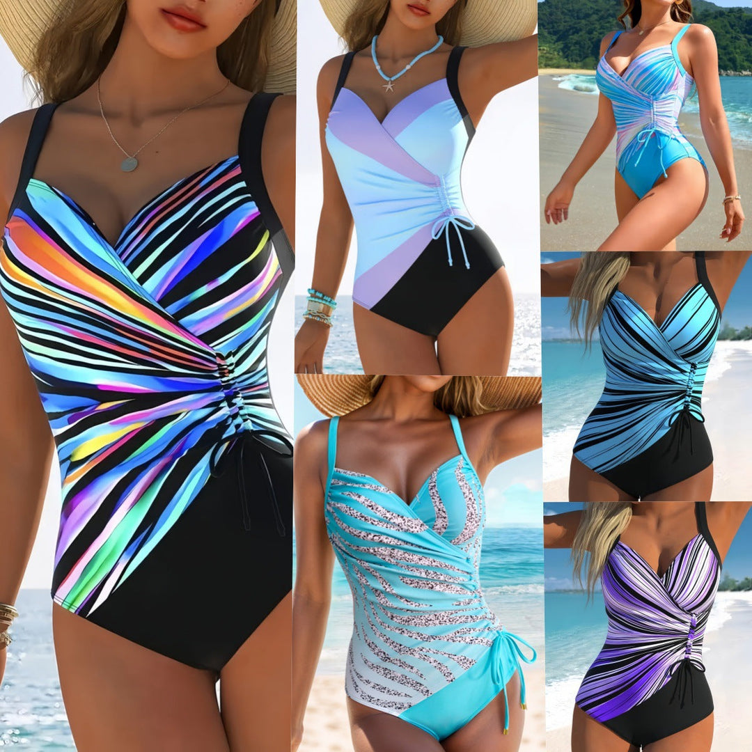 Women's flattering one-piece swimsuit with striped design for elegant summer style and beachwear.