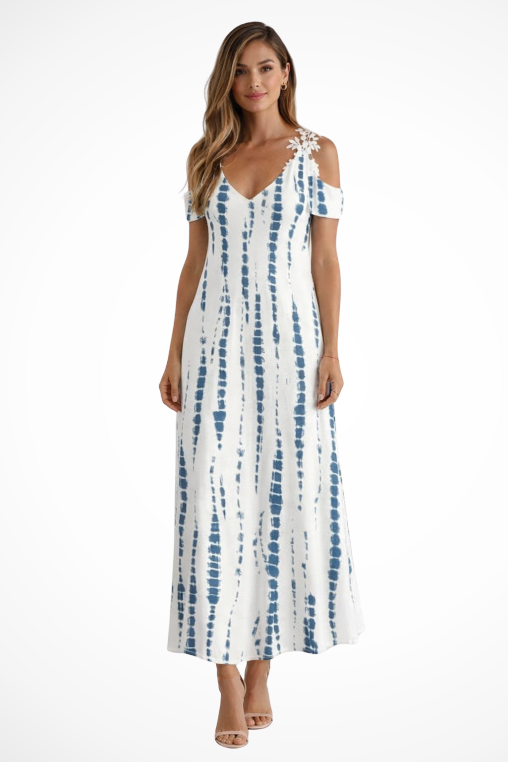 Sleeveless V-neck floral maxi dress featuring an elegant cold-shoulder design.