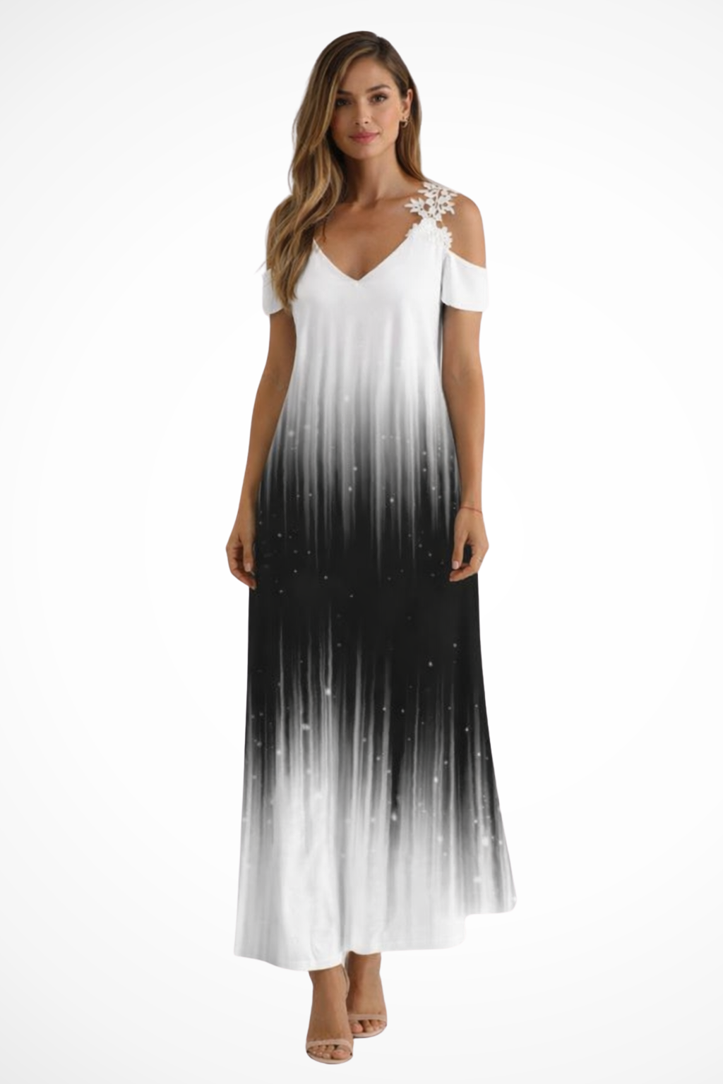 Stylish women's summer maxi dress with a bright floral pattern and V-neck.