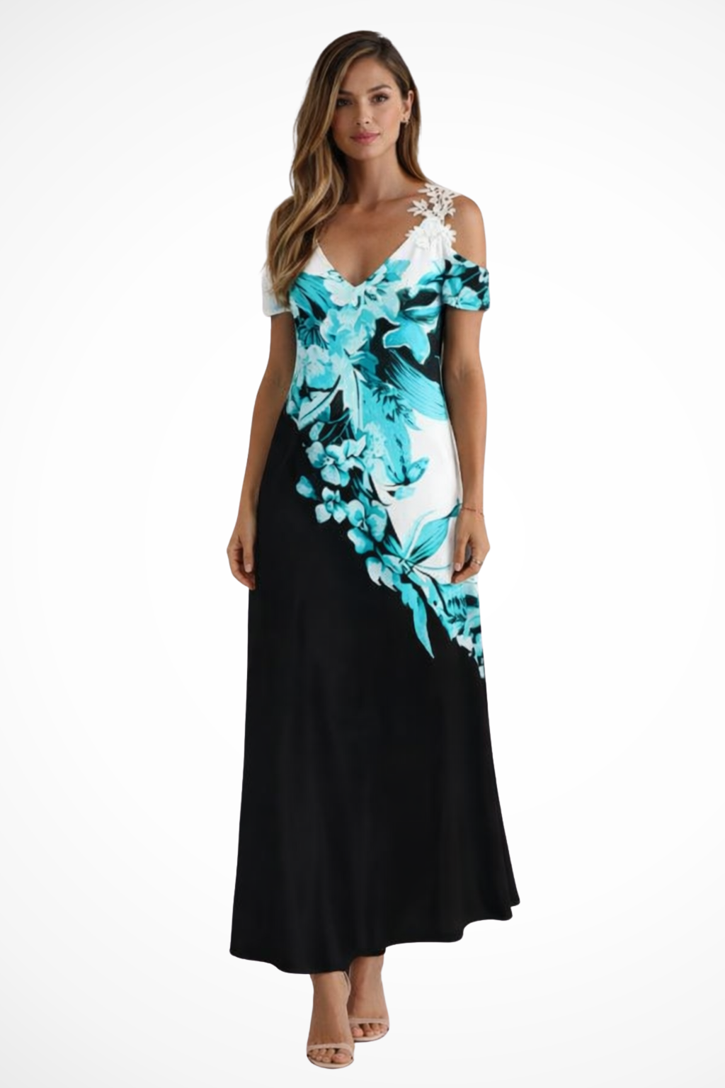 Casual day dress: Women's V-neck floral cold-shoulder maxi for summer outings.