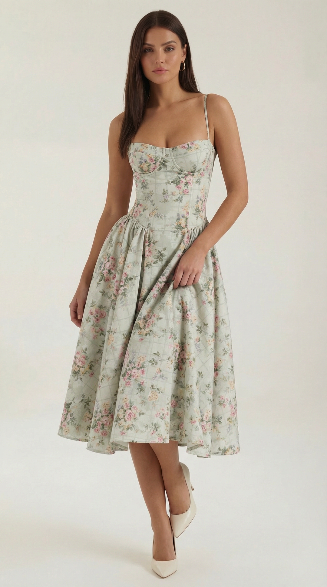 Women's floral corset midi dress with sweetheart neck, perfect for summer garden parties.