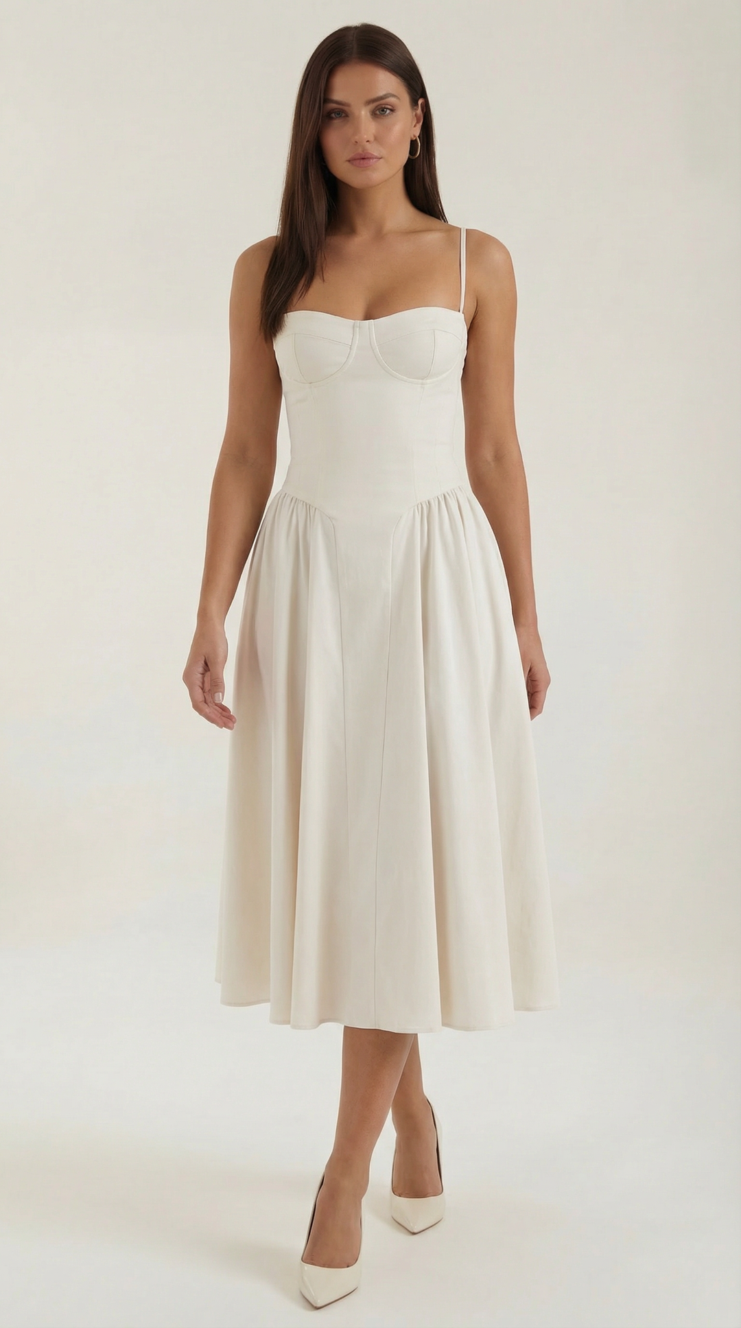 Elegant women's strappy floral midi dress, features a corset and sweetheart neckline.