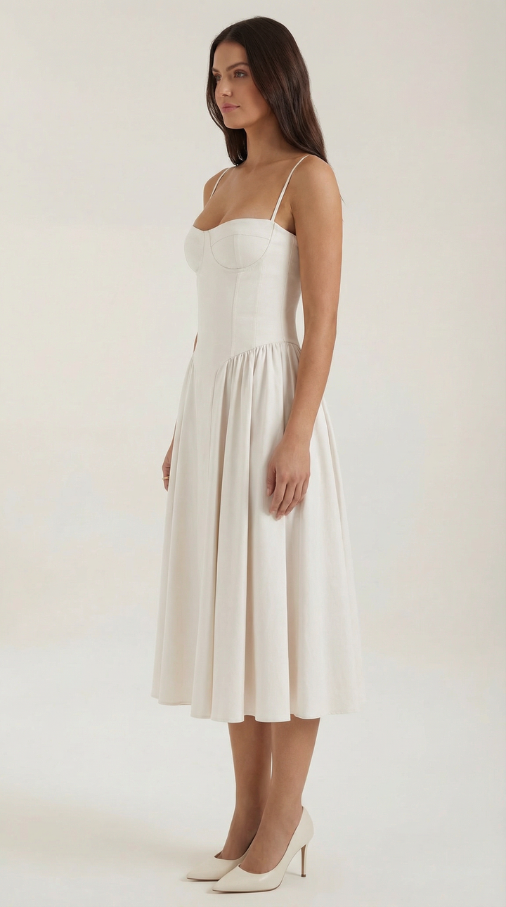 Women's floral midi dress with structured corset top, ideal for summer elegance.