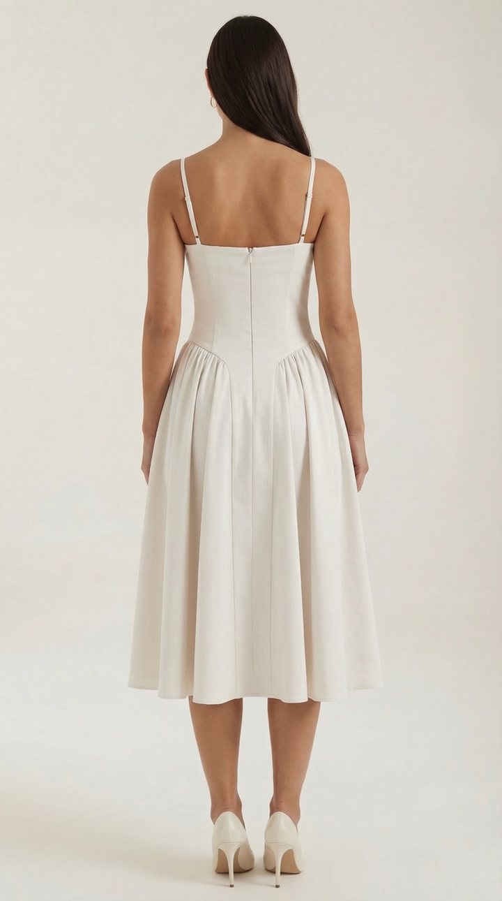 Flattering floral midi dress for women, with a structured corset and romantic design.
