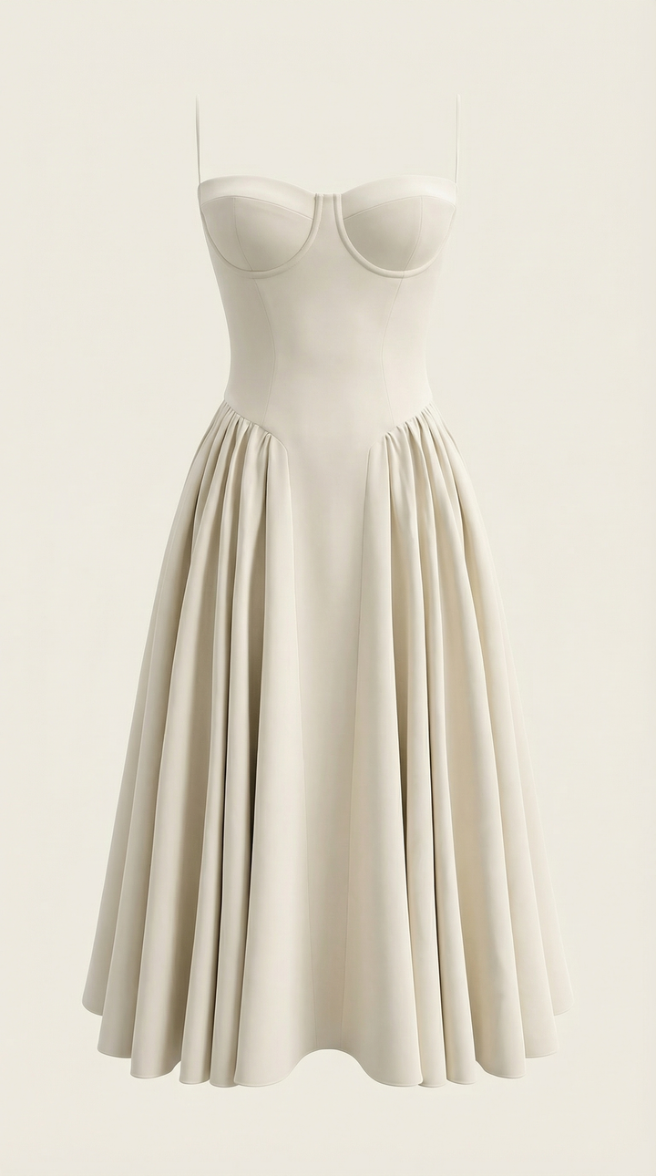 Women's occasion dress: floral midi with sweetheart neck and structured corset fit.