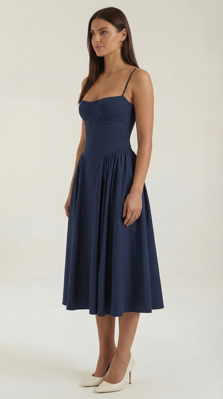 Elegant floral strappy midi dress, perfect for women's garden parties & spring events.