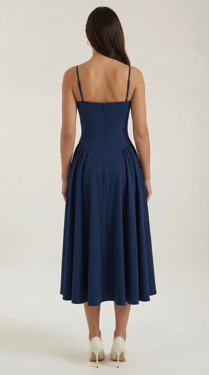 Structured women's floral midi dress with a sweetheart neckline, very chic.