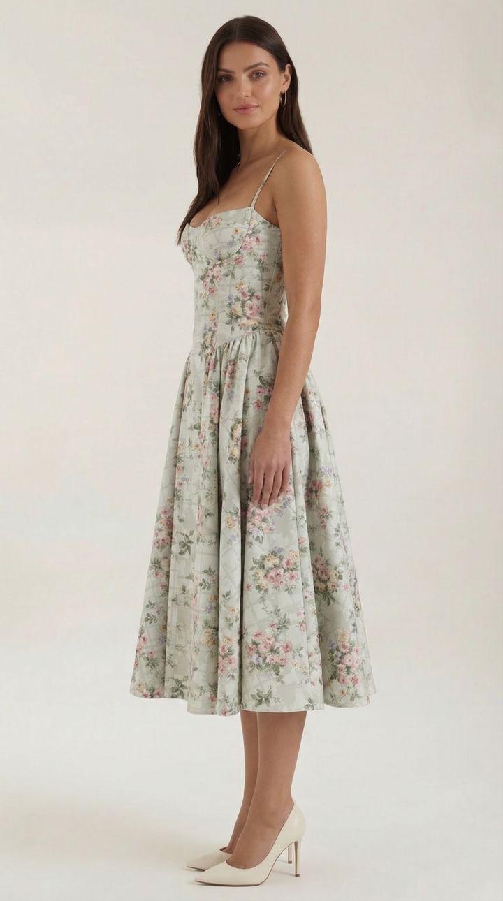 Elegant floral midi dress featuring a structured corset bodice and romantic sweetheart neckline.
