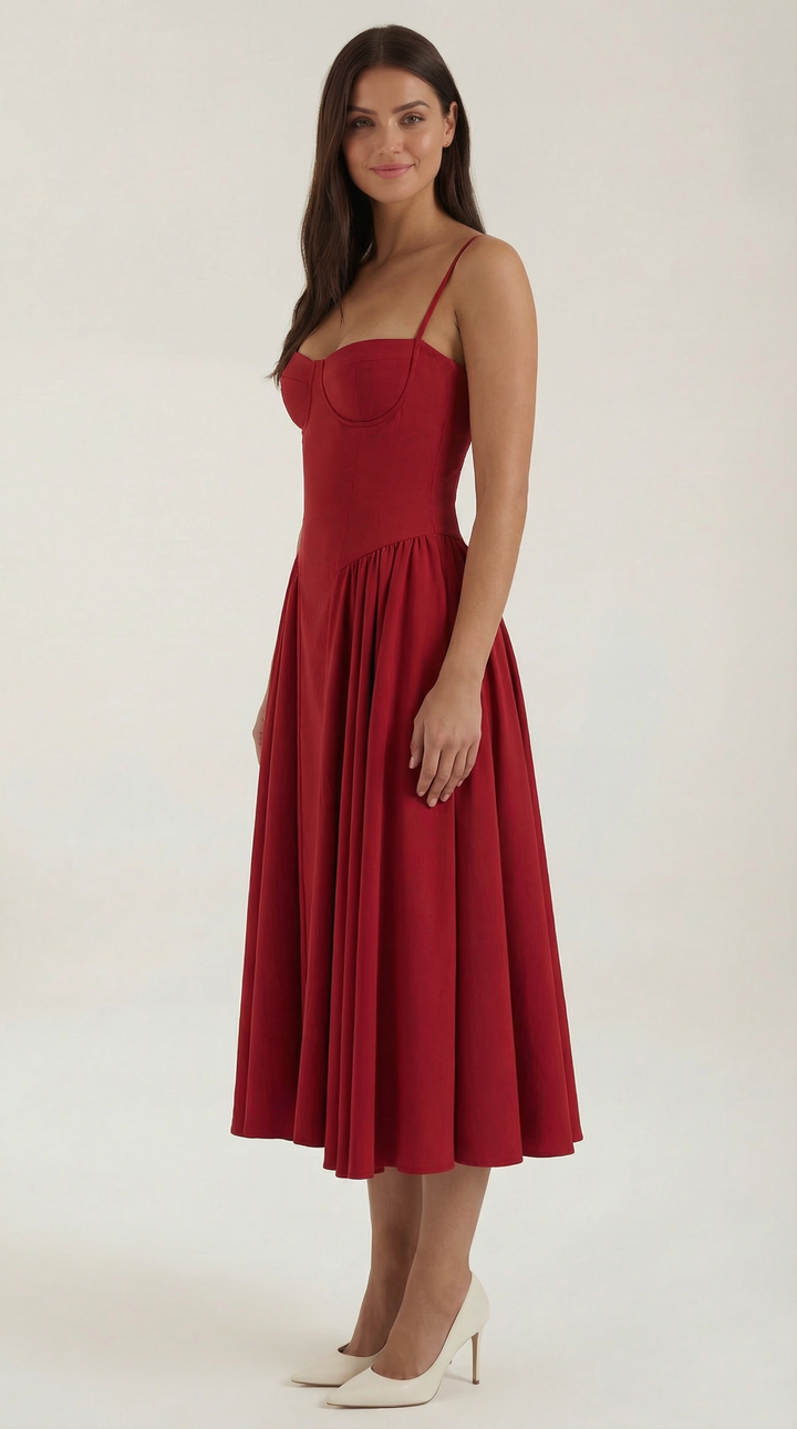 Women's elegant floral midi dress with a structured fit and charming sweetheart neckline.