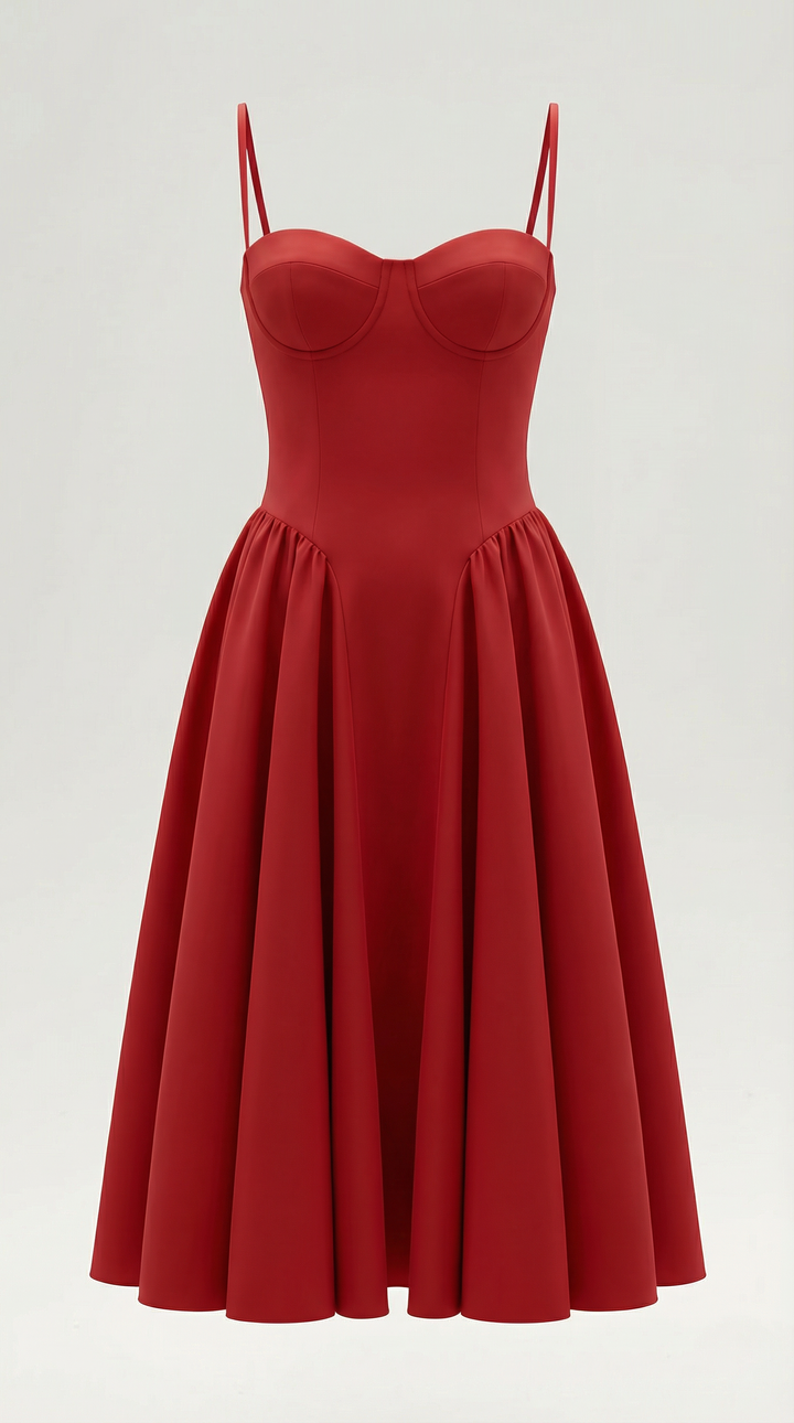Women's spring fashion: floral corset midi dress with sweetheart neck.