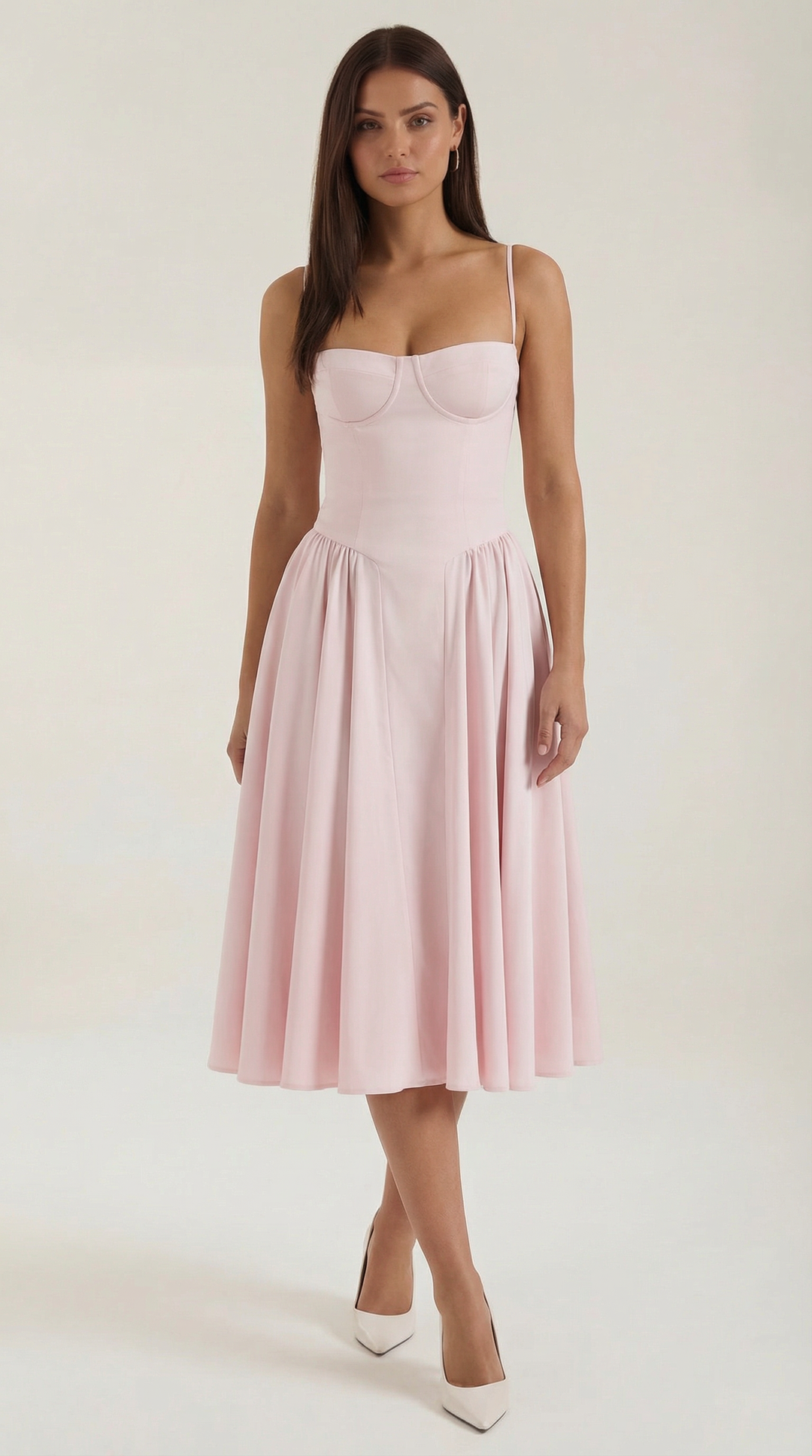 Romantic floral midi dress for women, featuring a structured corset and sweetheart neckline.