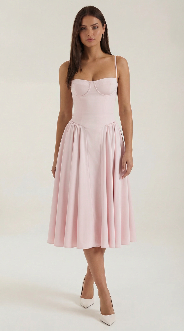 Romantic floral midi dress for women, featuring a structured corset and sweetheart neckline.