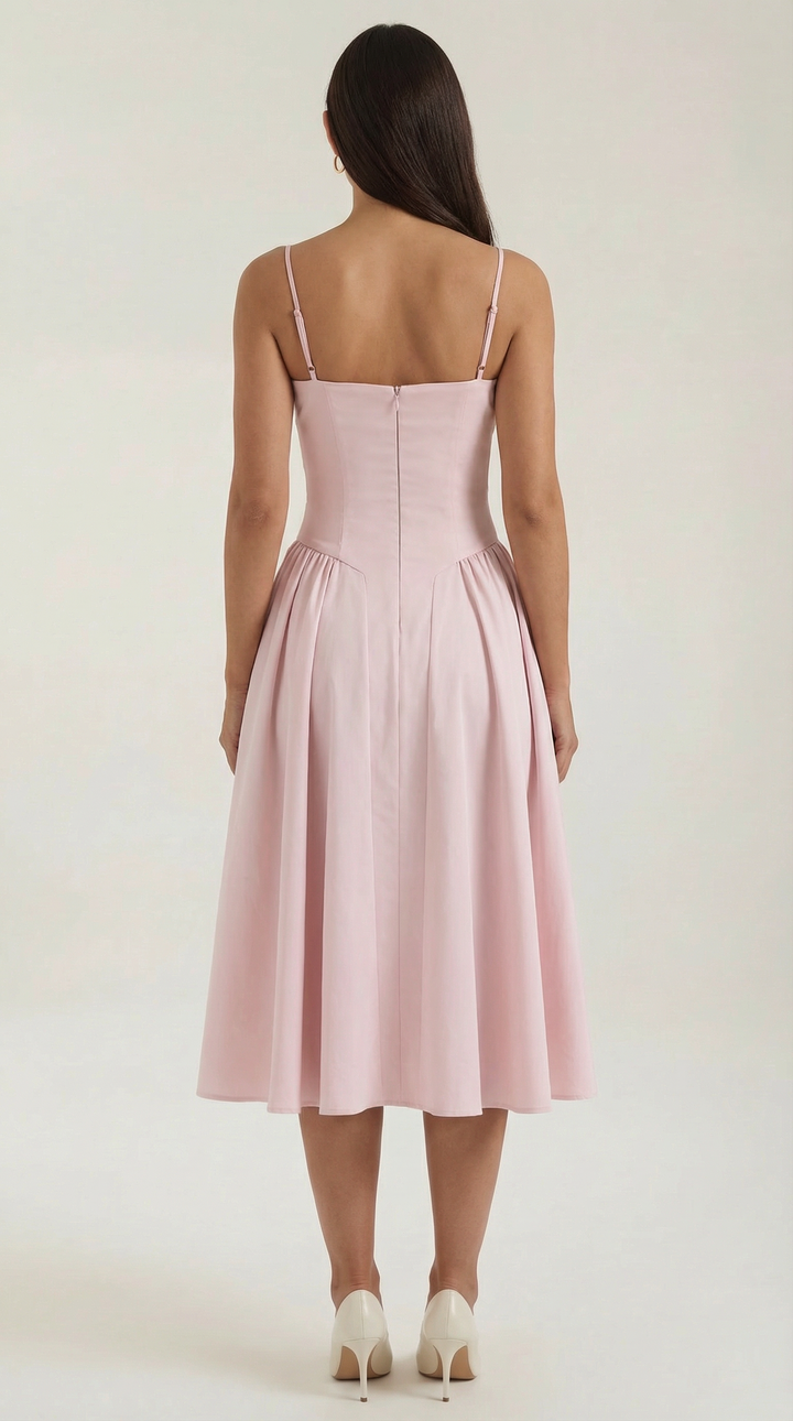 Women's garden party dress: floral midi with structured corset and sweetheart neckline.
