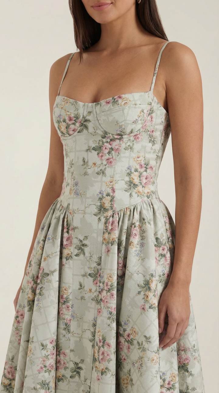 Stylish women's strappy floral midi dress, a chic choice for spring and summer occasions.