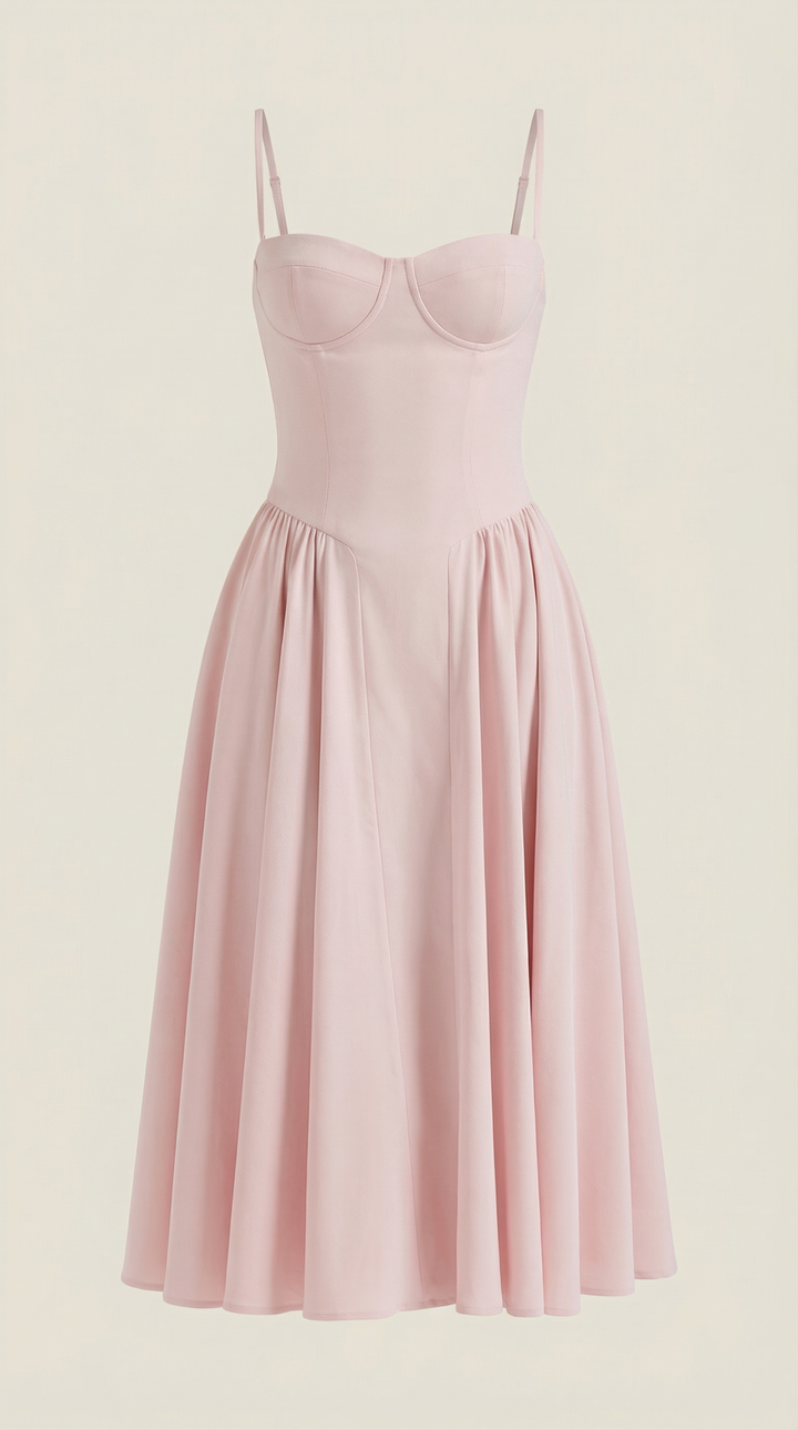 Chic women's floral midi dress, strappy design with corset details for spring.