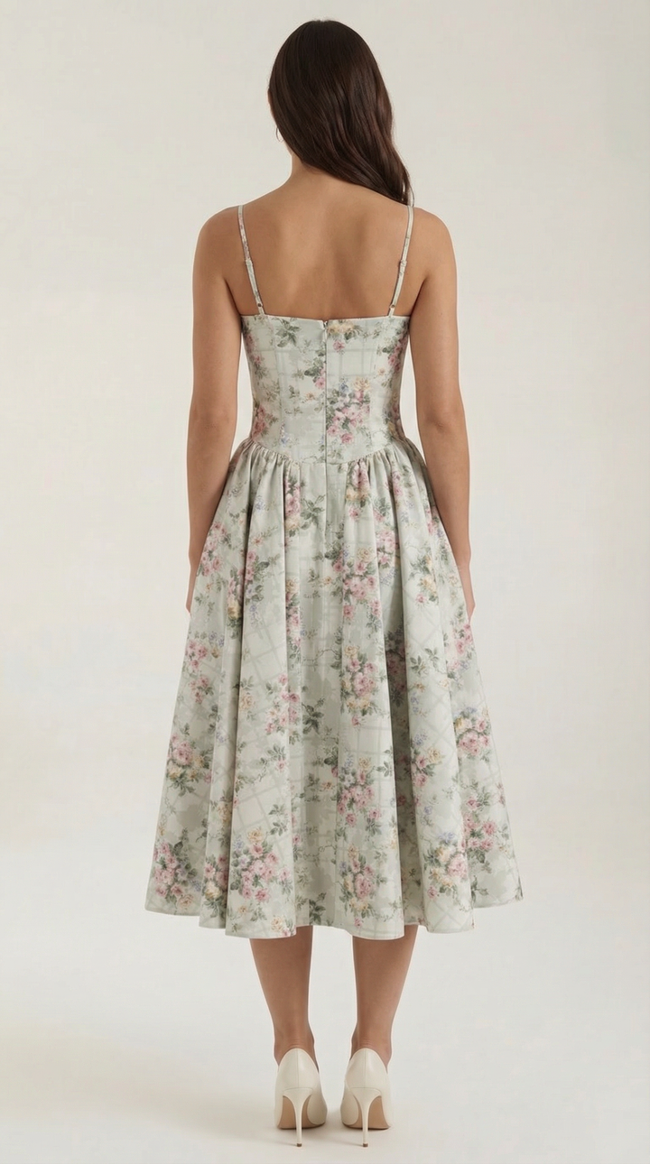 Romantic women's floral corset midi dress with a sweetheart neck, ideal for a garden party.