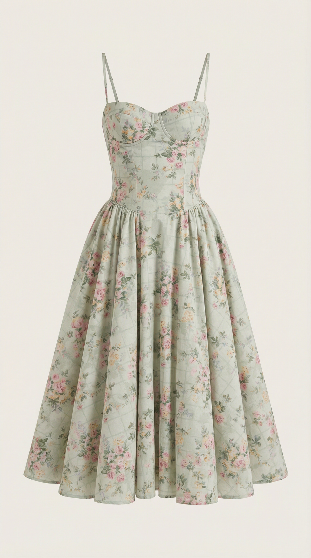 Structured fit women's floral midi dress with corset detail and sweetheart neckline.