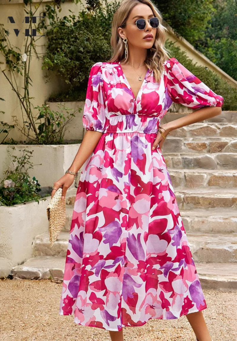 Summer-ready women's floral puff sleeve midi dress with V-neck, ideal for any casual occasion.