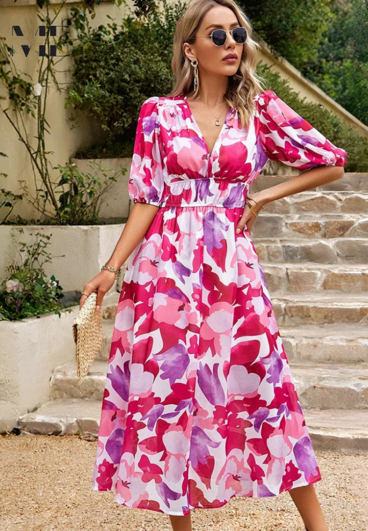 Summer-ready women's floral puff sleeve midi dress with V-neck, ideal for any casual occasion.