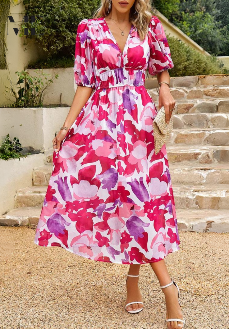 Beautiful women's floral midi dress, puff sleeves, V-neck, A-line style for ultimate summer fashion.