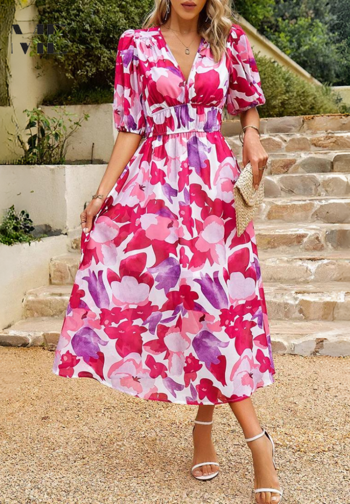 Beautiful women's floral midi dress, puff sleeves, V-neck, A-line style for ultimate summer fashion.