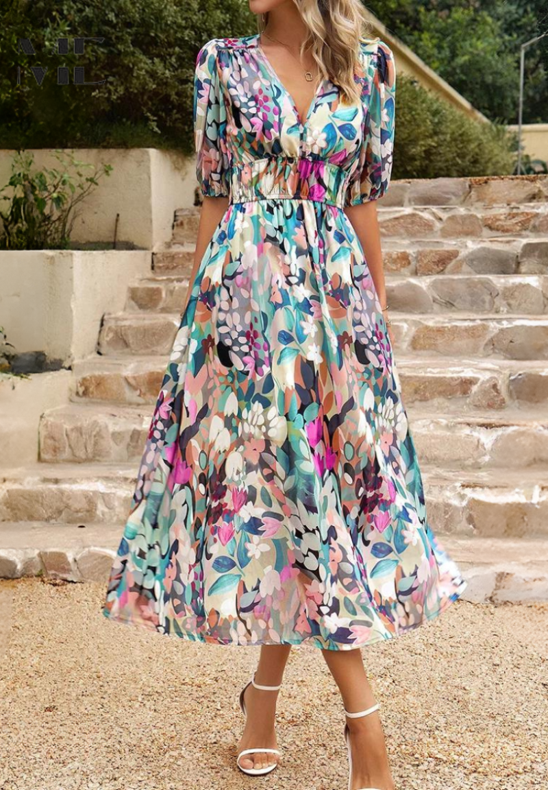 Stylish women's summer midi dress, featuring a vibrant floral print, puff sleeves, and V-neck.