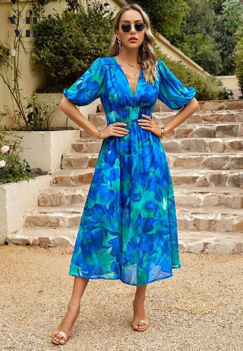 Breezy women's floral V-neck midi dress with puff sleeves, a must-have for summer fashion.