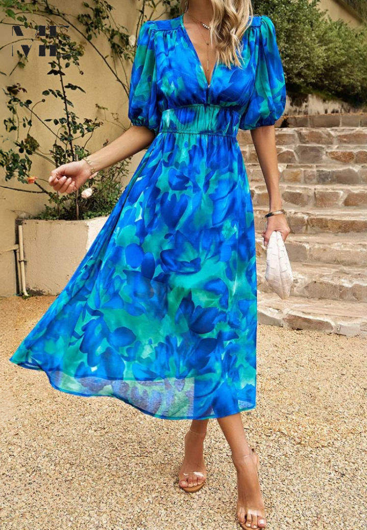 Women's summer floral midi dress, puff sleeve and V-neck design, perfect for elegant style.