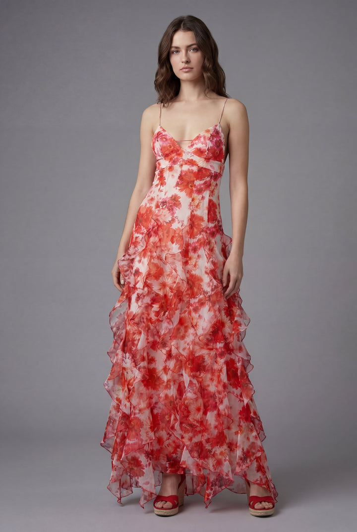 Women's floral ruffle maxi dress with spaghetti straps & backless design, perfect for summer vacation.