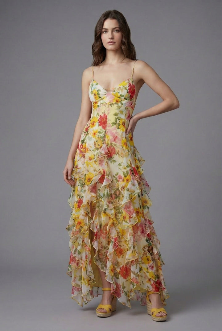 Flowy V-neck floral ruffle maxi dress for women, featuring a backless spaghetti strap design for summer.