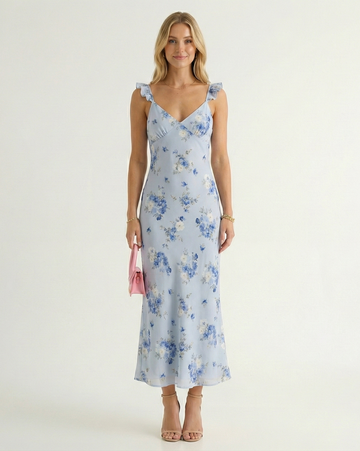 Women's v-neck sleeveless floral midi dress. Comfortable and stylish for summer. Great casual beach or resort outfit.